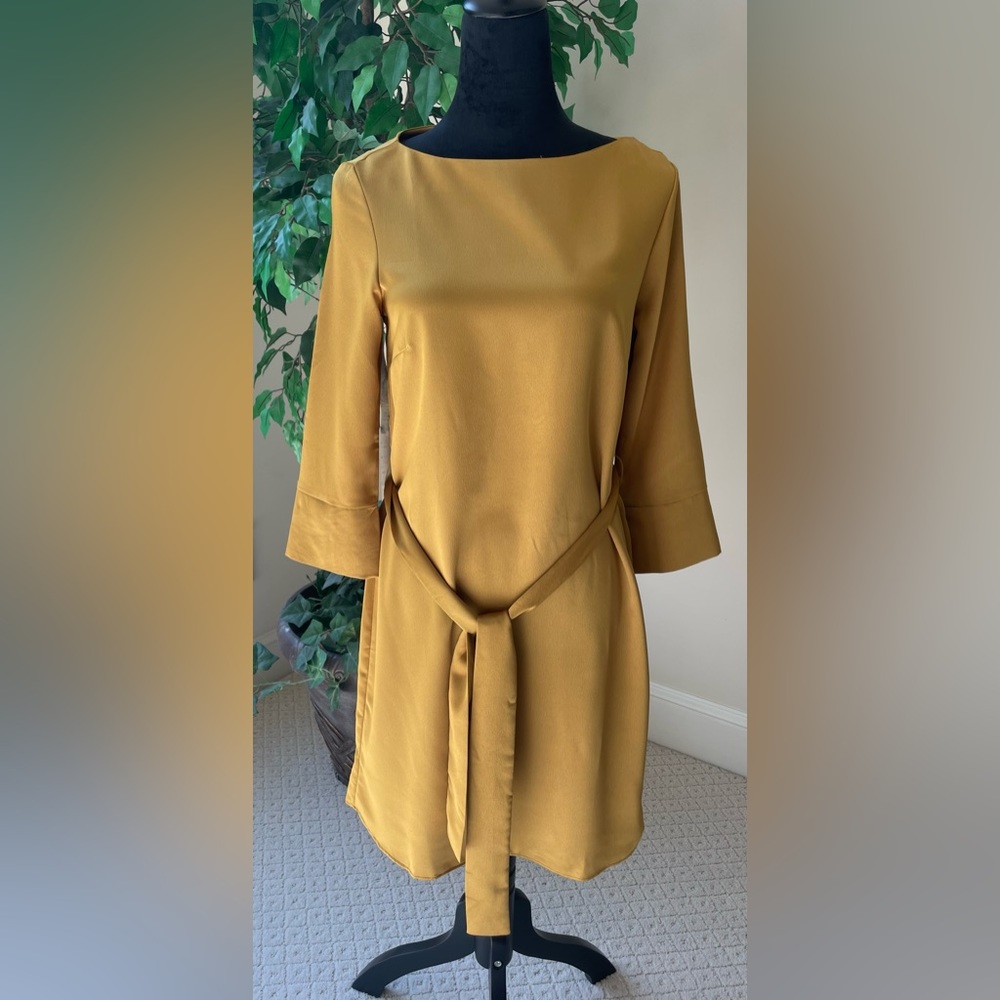 H&M Silky Satin Shirt Sheath Dress 4 Mustard color with belt.